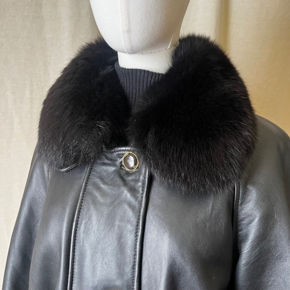 Vintage Black Leather Coat Removable Fox Fur Collar LNR Nordstrom Size‎ Large - Picture 2 of 11